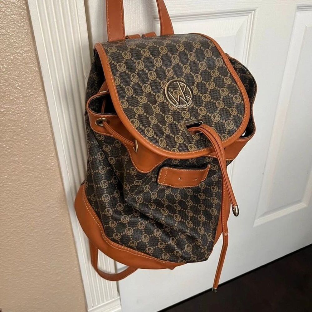Wenyike Monogram Drawstring Backpack Bag Brown Tan